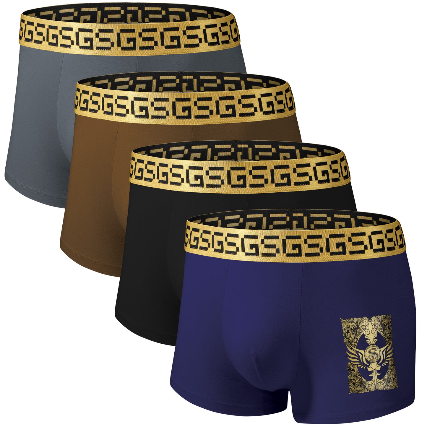 【4pcs】Black and Gold Waistband Cotton Men's Underwear in 4 Fashionable Colors